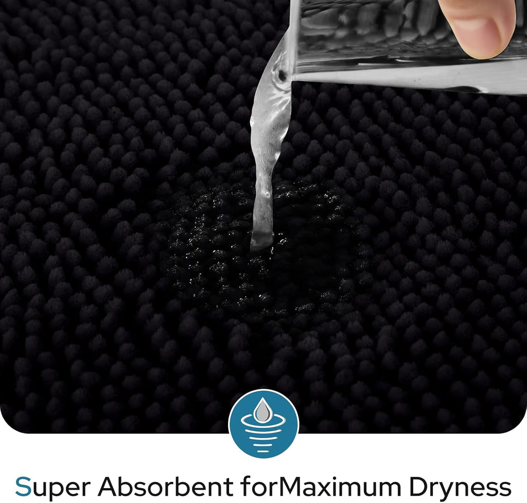 3-Piece Black Bathroom Rug Set with Toilet Lid Cover, Non-Slip Extra Absorbent Plush Chenille, Soft and Washable Bath Mats