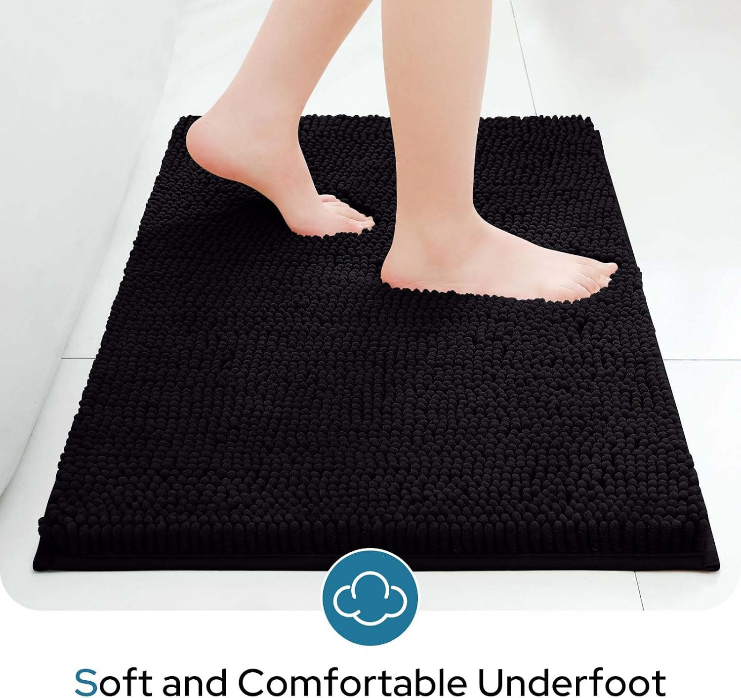 3-Piece Black Bathroom Rug Set with Toilet Lid Cover, Non-Slip Extra Absorbent Plush Chenille, Soft and Washable Bath Mats