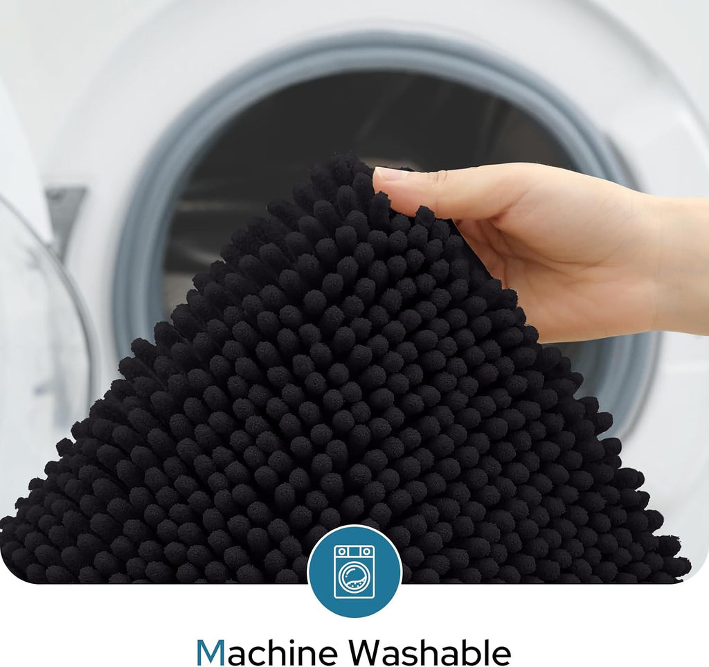 3-Piece Black Bathroom Rug Set with Toilet Lid Cover, Non-Slip Extra Absorbent Plush Chenille, Soft and Washable Bath Mats