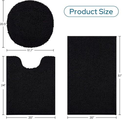 3-Piece Black Bathroom Rug Set with Toilet Lid Cover, Non-Slip Extra Absorbent Plush Chenille, Soft and Washable Bath Mats