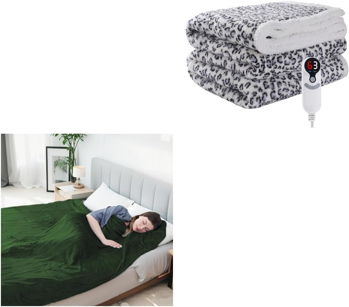 Electric Heated Blanket Full Size 72"X 84" Green & Electric Heated Blanket Full Size 72"X84" Leopard Print Blue & White