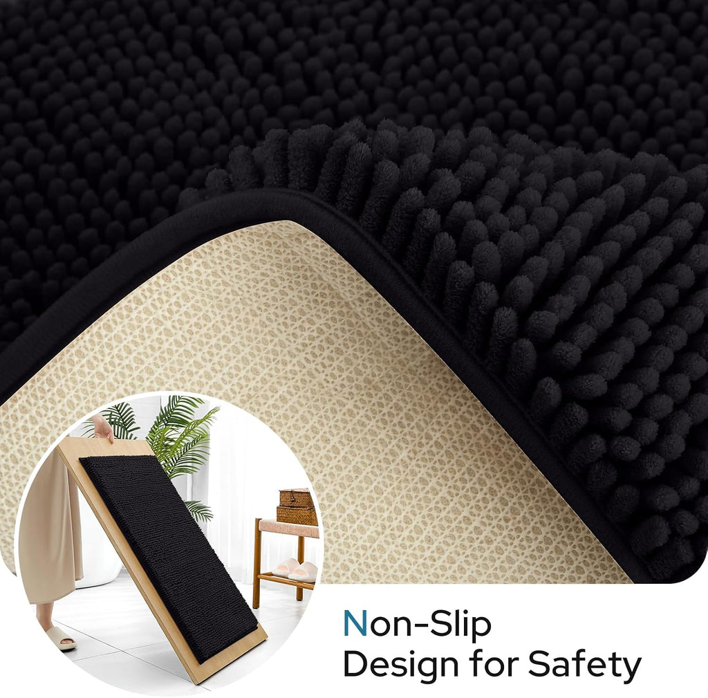 3-Piece Black Bathroom Rug Set with Toilet Lid Cover, Non-Slip Extra Absorbent Plush Chenille, Soft and Washable Bath Mats
