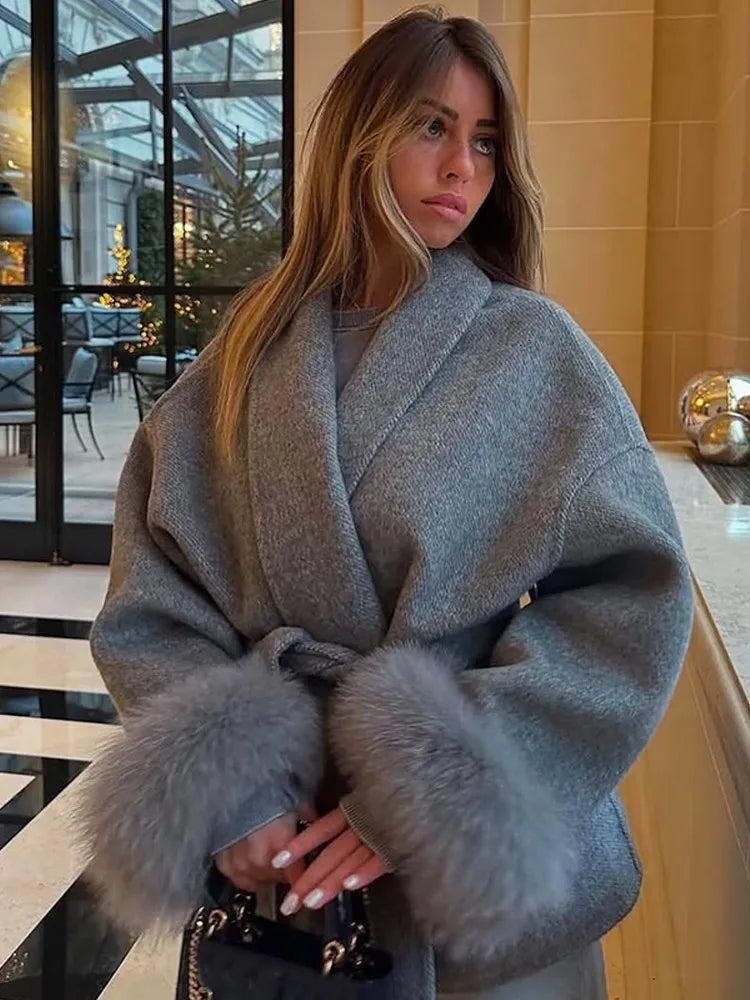FUR PATCHWORK WOOLENSHORT COAT WINTER CARDIGAN