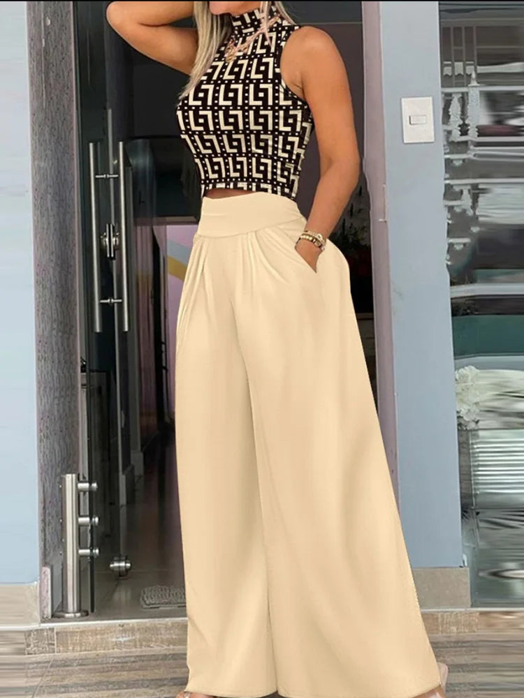 Fashion Printing Two-Piece wide leg, short sleeve vest