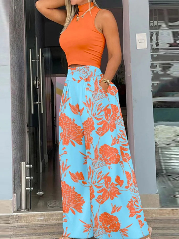 Fashion Printing Two-Piece wide leg, short sleeve vest