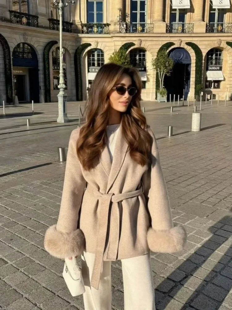 FUR PATCHWORK WOOLENSHORT COAT WINTER CARDIGAN