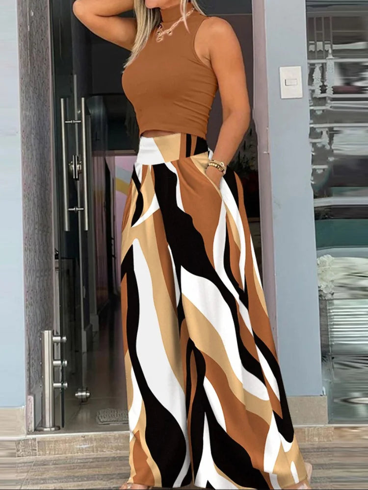 Fashion Printing Two-Piece wide leg, short sleeve vest