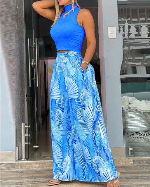 Fashion Printing Two-Piece wide leg, short sleeve vest