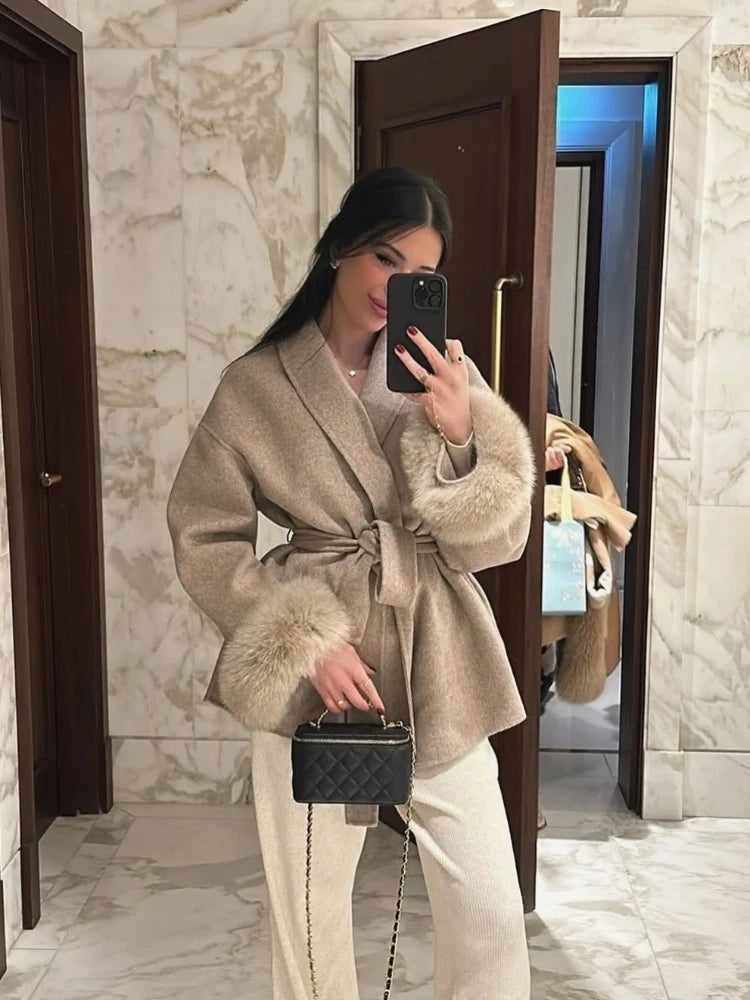 FUR PATCHWORK WOOLENSHORT COAT WINTER CARDIGAN
