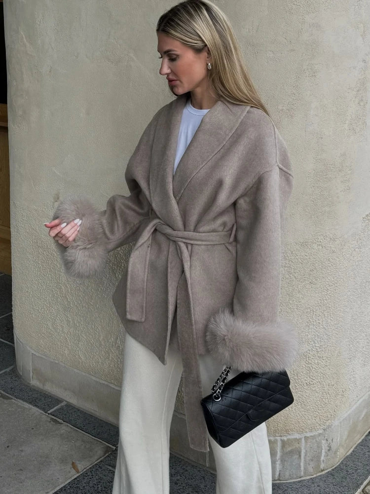 FUR PATCHWORK WOOLENSHORT COAT WINTER CARDIGAN