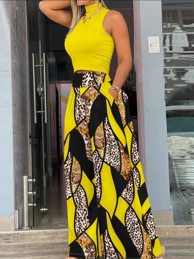 Fashion Printing Two-Piece wide leg, short sleeve vest