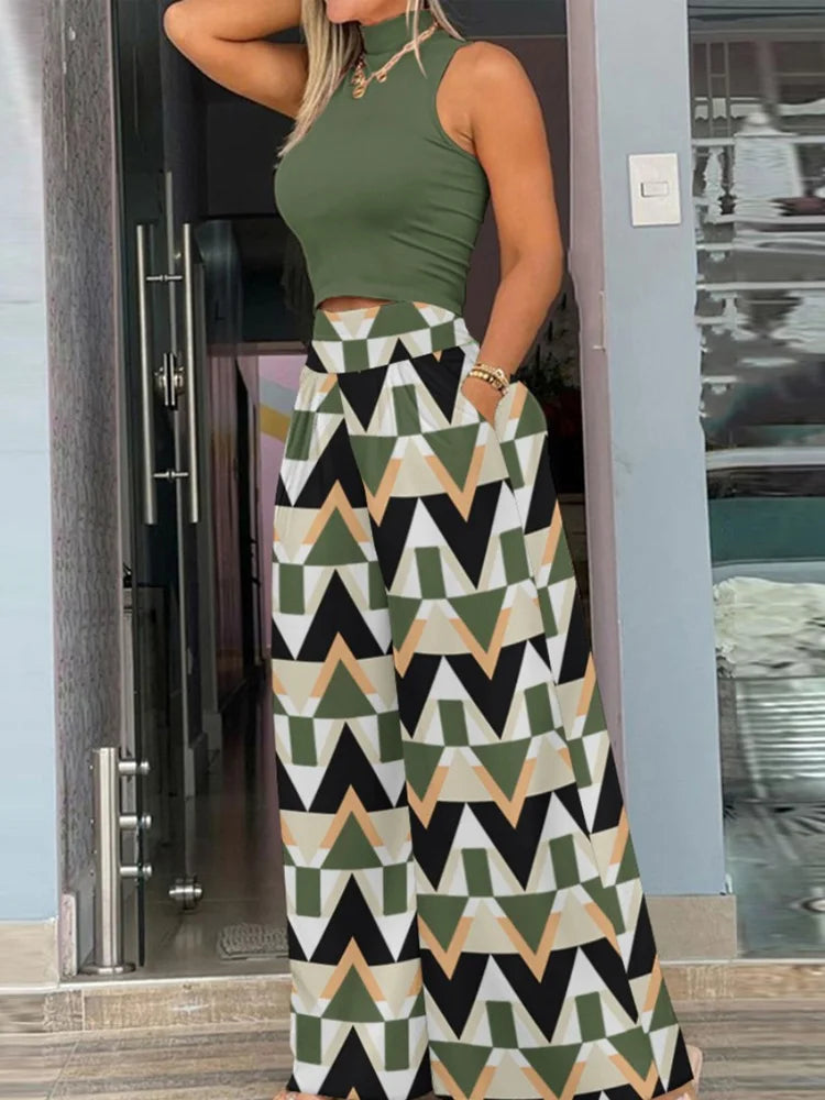 Fashion Printing Two-Piece wide leg, short sleeve vest