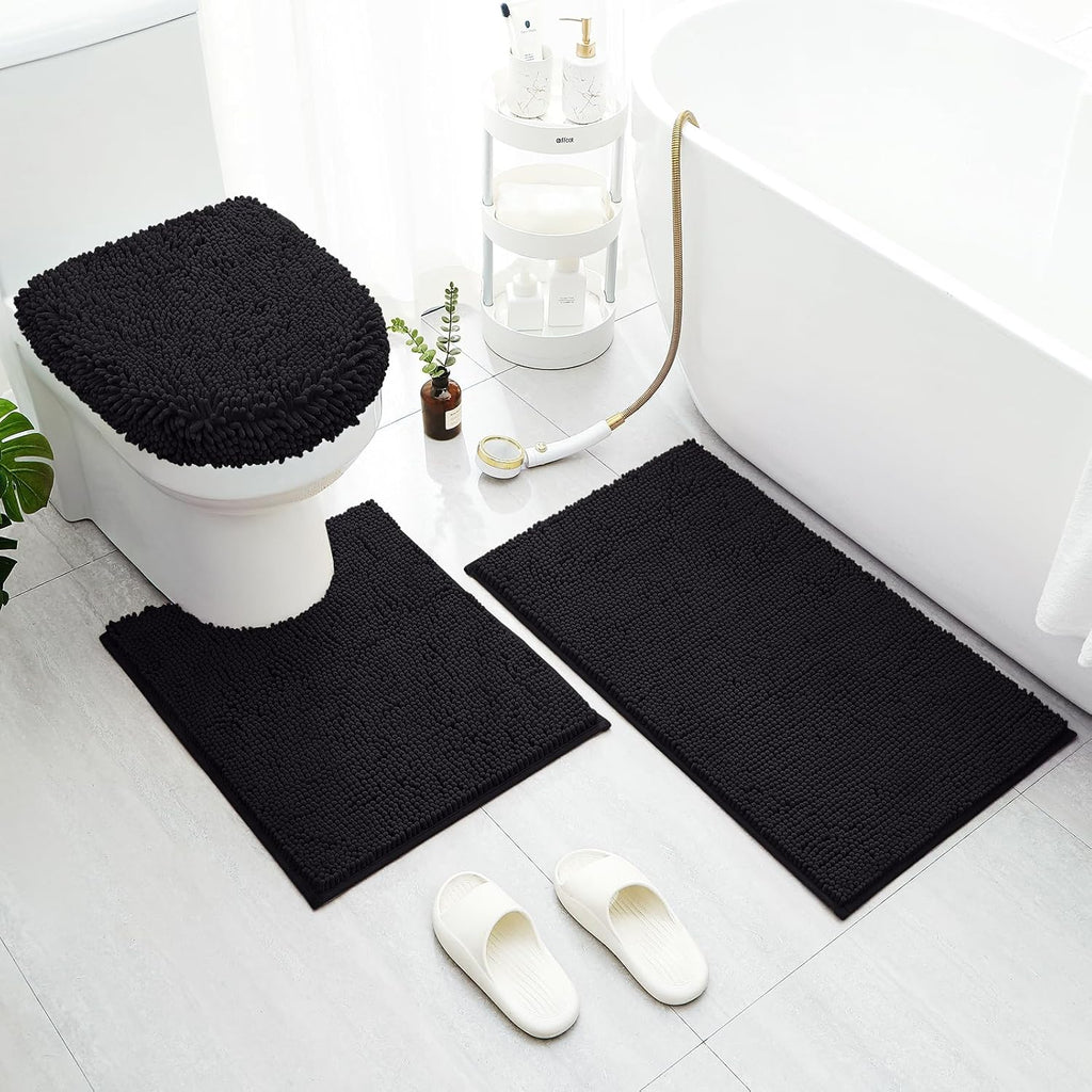 3-Piece Black Bathroom Rug Set with Toilet Lid Cover, Non-Slip Extra Absorbent Plush Chenille, Soft and Washable Bath Mats
