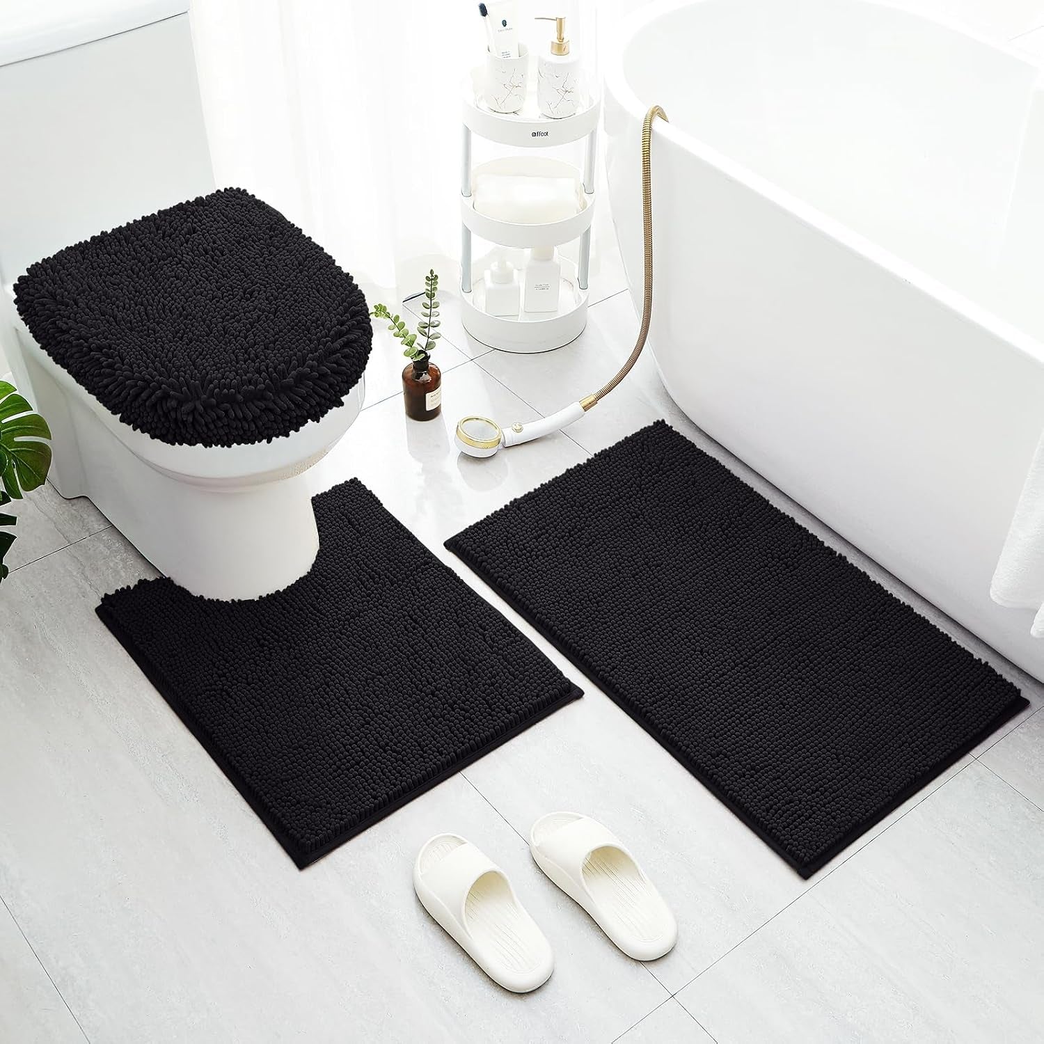 3-Piece Black Bathroom Rug Set with Toilet Lid Cover, Non-Slip Extra Absorbent Plush Chenille, Soft and Washable Bath Mats